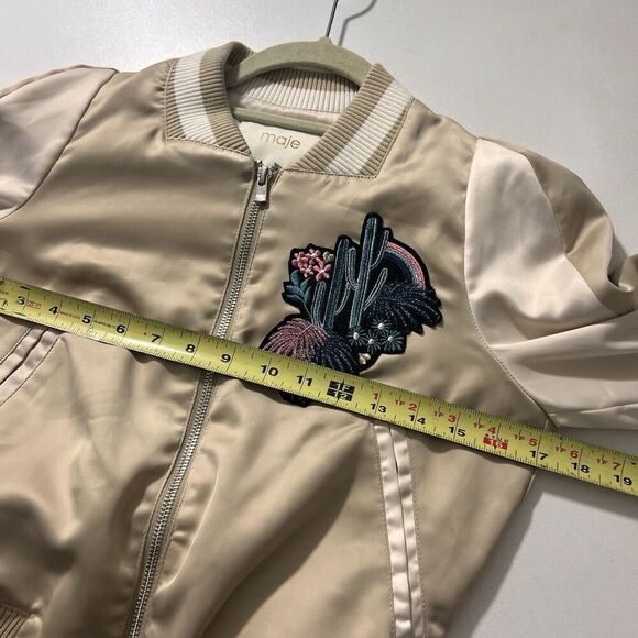 Maje Bomber Jacket Womens 36 Satin Embroidered Beige Preppy Academia - Picture 9 of 11